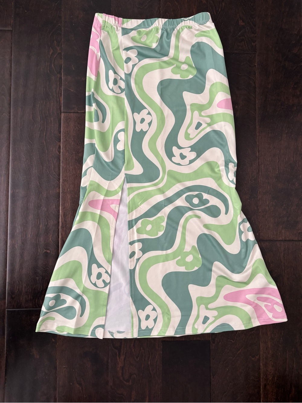 Cider Mint & Pastel Pink Swirl Midi Skirt with Slit